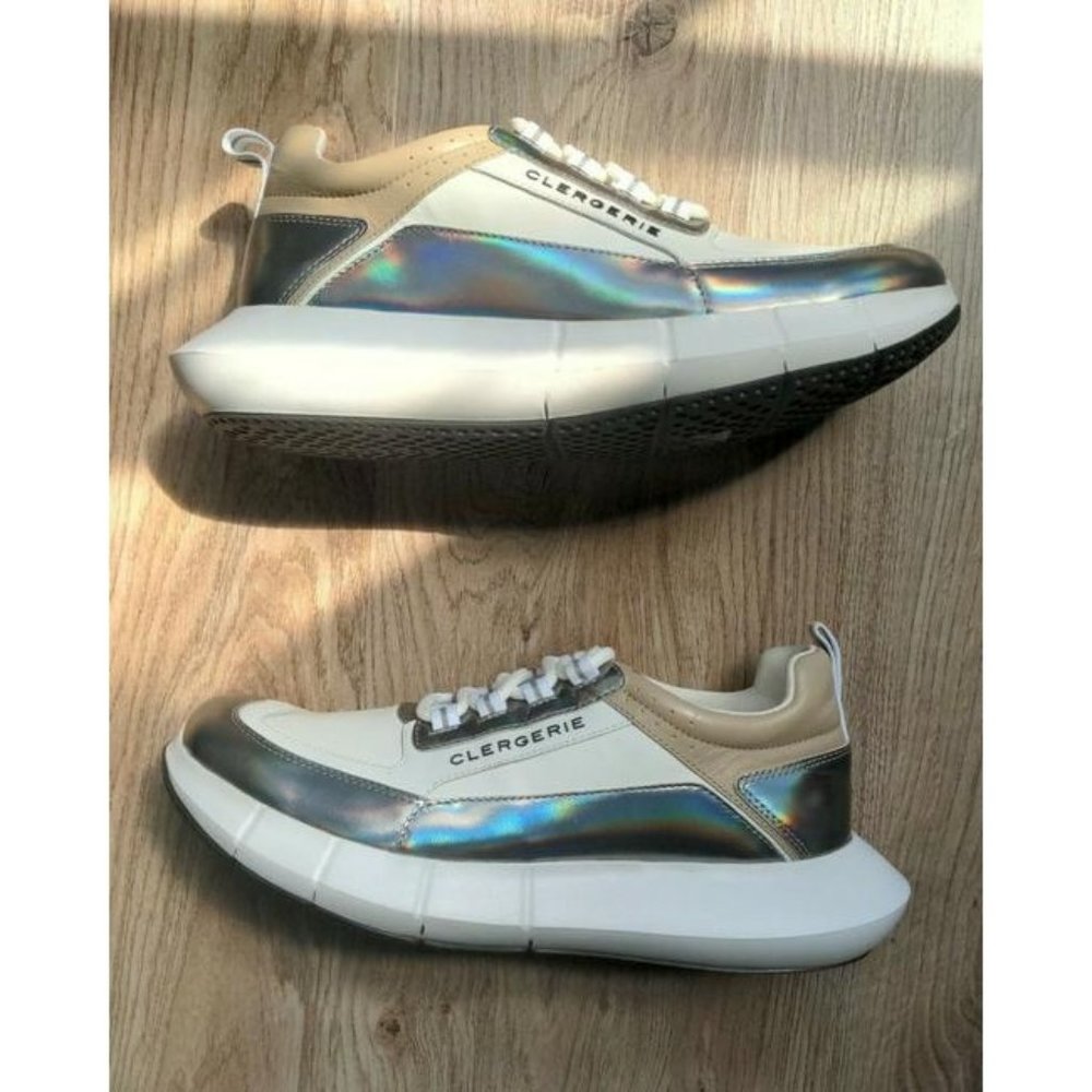 Robert Clergerie White Sea Fashion Boost Sole Comfort Metallic Trim Sneakers Reg